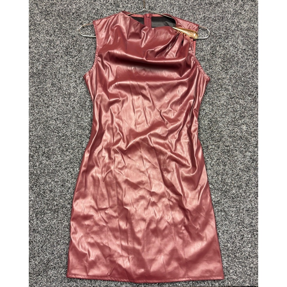 Faux Leather Dress Womens XS Burgundy Cowl Neck Gold Detail Mini Night Out